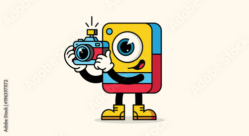 Cartoon camera character holding photography equipment flat design illustration