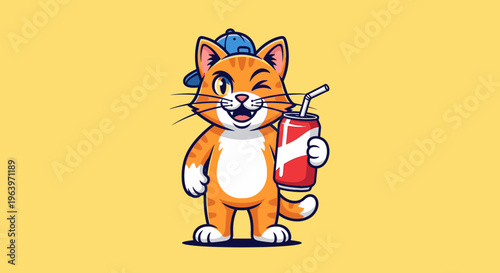 Cartoon cat holding soda can winking on yellow background