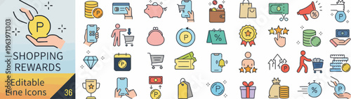 Comprehensive collection of editable line icons representing shopping rewards, loyalty programs, payment methods, and e-commerce concepts for modern digital applications