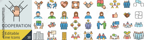 Vector line icons for cooperation, teamwork, business partnership, and collaboration. Essential symbols illustrating agreement and unity in professional digital projects