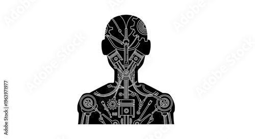 Graphic illustration of a human silhouette revealing a mechanical interior of gears and circuits, symbolizing the advanced fusion of robotics and artificial intelligence