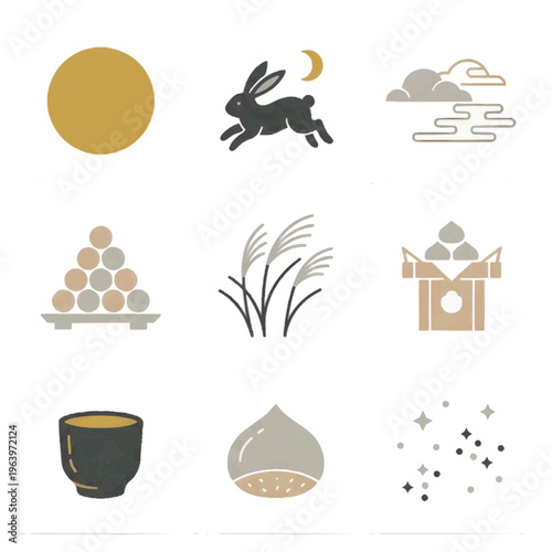 北欧風和モダンな十五夜アイコン9種セット 白背景に孤立したミニマルな満月とお月見のイラスト 秋の行事やデザインに最適な高品質素材