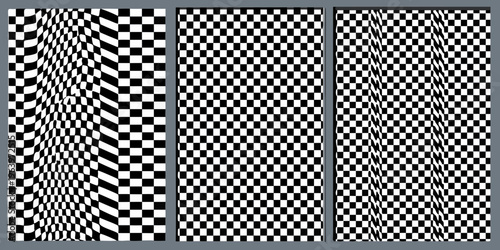Optical illusion three panels of distorted black and white checkered patterns