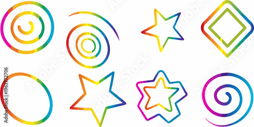 Colorful abstract shapes spirals stars diamonds and ovals arranged neatly
