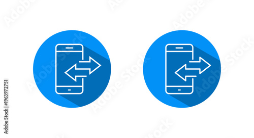 Mobile data transfer icon with long shadow. Smartphone transfer symbol. Phone call sync sign