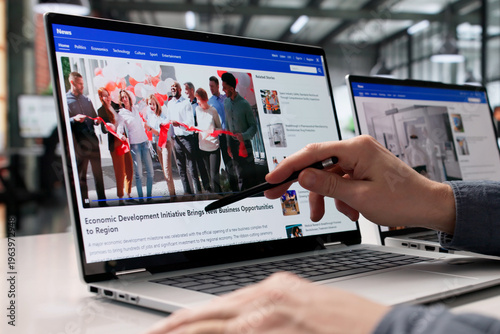 Photos Young Journalist Reviewing Online News Articles On Laptop Screen