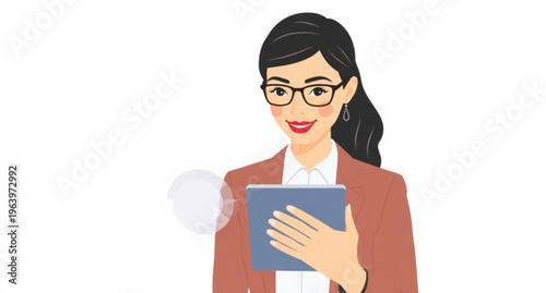 A confident, smiling brunette businesswoman in an office setting is holding a blank paper note and showing an empty business card while carrying a folder and clipboard