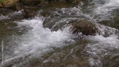 Clear river flow with refreshing scenery, showing crystal water, natural stones, and calming atmosphere in a serene tropical landscape