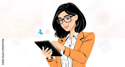 A smiling young professional businesswoman wearing glasses holds a tablet computer and a pen, representing beauty and technology in a modern office setting