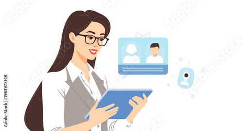 A businesswoman uses a mobile laptop and digital tablet computer to manage a global network communication concept with touch screen technology icons in a modern office