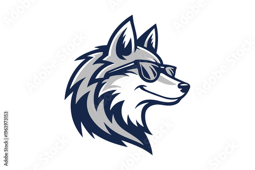 Cool wolf mascot logo with sunglasses, grey wolf head emblem for gaming and sports.Cool wolf mascot logo with sunglasses, grey wolf head emblem for gaming and sports.
