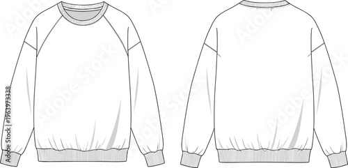 Oversized Crewneck Sweatshirt Flat Technical Sketch Vector Illustration Front and Back View Blank Raglan Sleeve Apparel Fashion Template Design Mockup