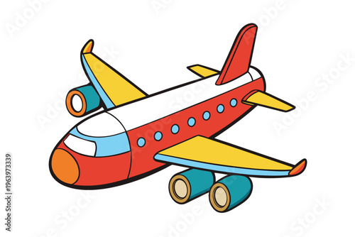 Commercial airplane vector illustration, red and white passenger plane isolated on white background