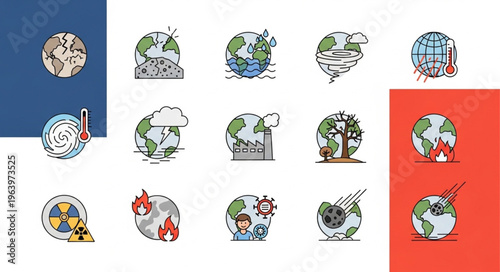 Illustrations depicting global climate change and environmental issues.