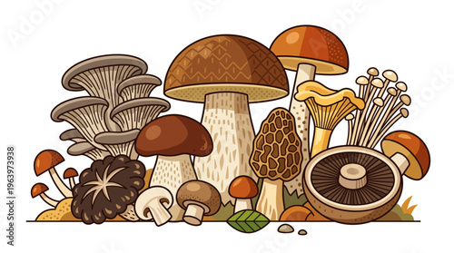 A variety of colorful mushroom species.