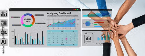 Fényképezés Finance dashboard with charts, calendar, and performance metrics for business co