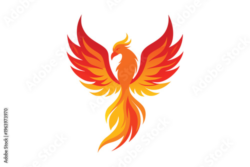 Majestic fire phoenix mascot logo, flying flaming bird vector illustration isolated on white background