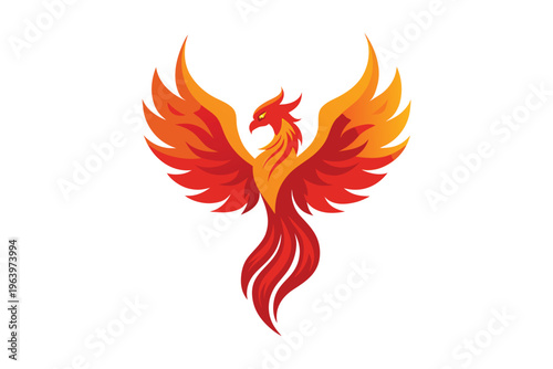 Majestic fire phoenix mascot logo, flying flaming bird vector illustration isolated on white background