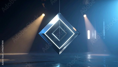 Crystal geometric symbol suspended in a foggy dark room with soft light rays passing through transparent edges