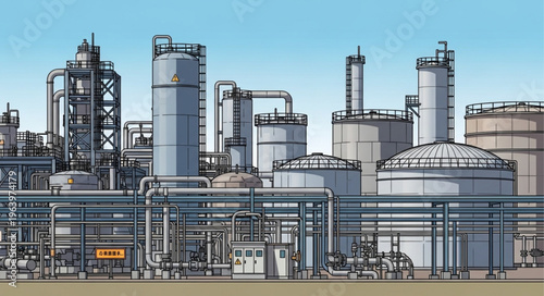 Industrial Plant Illustration with Tanks and Pipelines Against a Blue Sky.
