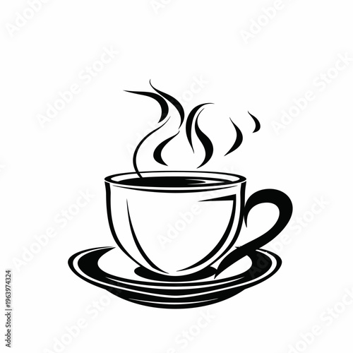 Steaming coffee cup and saucer illustration for design or advertisement
