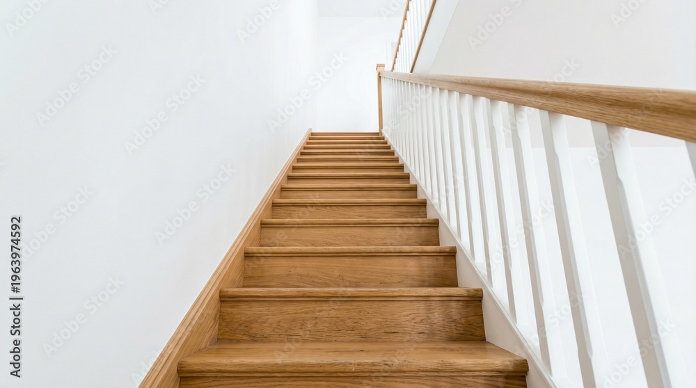 Fototapeta premium Light wooden staircase ascending between white walls, clean minimalist design with wooden treads, risers, and handrail supported by white balusters, perspective from bottom upward emphasizing geometry