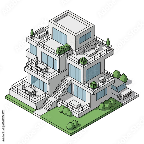 Modern multi-level house with balconies and garden.