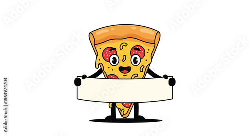 Cheerful pepperoni pizza slice character with big eyes and a smile holding a large blank banner for custom food menu messages.