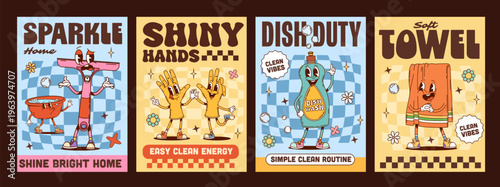 Hygiene and cleaning characters Y2K groovy hippie posters. Retro cartoon towel, dish wash bottle, rubber gloves and window scraper personages. Vector posters for bathroom decor, cleaning brands