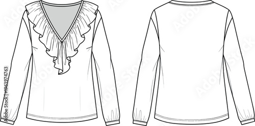 Women's V Neck Ruffle Front Long Sleeve Blouse Fashion Flat Sketch Technical Drawing Vector Illustration Template for Apparel Design Development