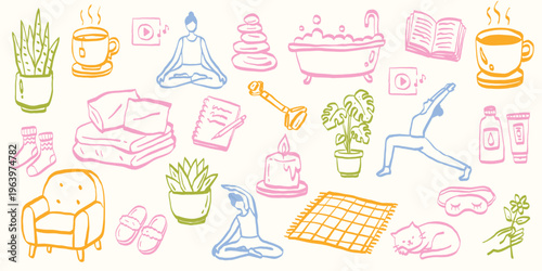 Hand-drawn doodle set of self-care and wellness lifestyle elements. Icons of meditation, yoga, healthy tea, plants, cozy home objects, and relaxation activities on a cream background.