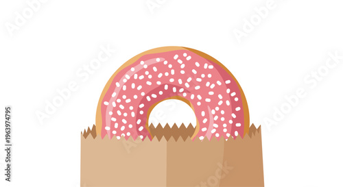 Delicious pink frosted donut with white sprinkles presented in a simple brown paper bag for bakery shop promotion and food concepts.