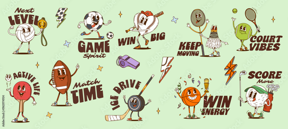 Obraz premium Sports y2k groovy stickers and funky labels. Vector badge or patch set with retro slogans and mascot of ball, racket, shuttlecock, whistle and trophy medal. Tennis football baseball basketball or golf