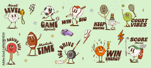 Sports y2k groovy stickers and funky labels. Vector badge or patch set with retro slogans and mascot of ball, racket, shuttlecock, whistle and trophy medal. Tennis football baseball basketball or golf
