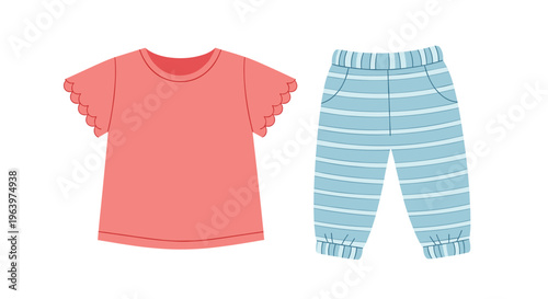 Children outfit consisting of a plain pink short sleeve shirt and light blue striped pants designed for casual toddler everyday wear.