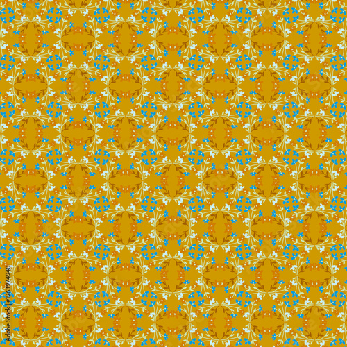 Simple geometric decorative small flowers and leaves Yellow - mustard background Colorful floral pattern in a minimalist style Flat design