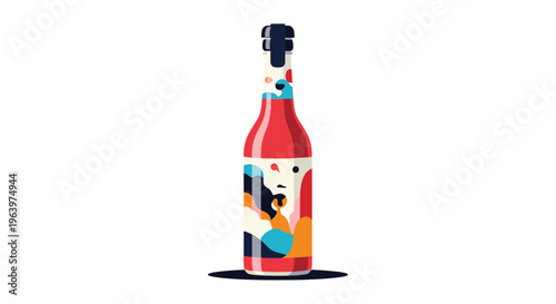 Stylish glass bottle decorated with a colorful abstract face design suitable for modern beverage packaging and artistic product labels.