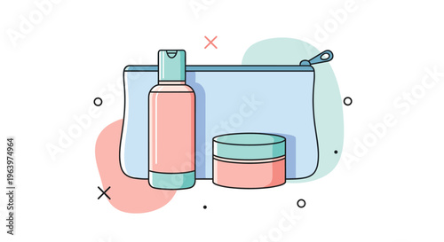 Blue cosmetic travel bag accompanied by a pink lotion bottle and a cream jar for beauty products and skin care organization concepts.