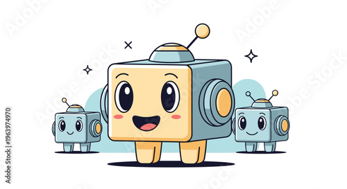 Collection of cute cube shaped robots with friendly faces and small antennas illustrating future technology and artificial intelligence.