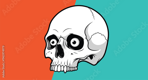 Creepy human skull with large staring eyes set against a split orange and teal background for horror or halloween themed graphic designs.