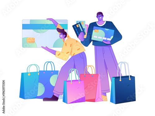Holiday shopping people doing e-commerce online shopping flat vector concept operation hand drawn illustration
