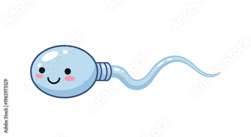 Cute cartoon sperm cell character with a happy smiling face and a long tail swimming on a white background for educational biology art.