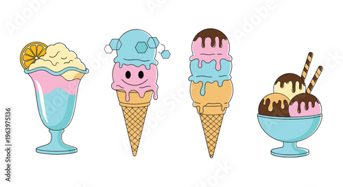 Assortment of four different ice cream treats including sundaes and cones with various toppings and colors for sweet dessert menus.