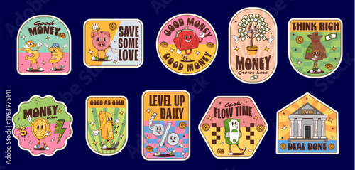 Business and finance groovy label stickers, retro patches. Funky vector money, piggy bank, wallet, money tree, money sack, coin, gold bar, percent sign, cash stack, and bank for quirky office decor