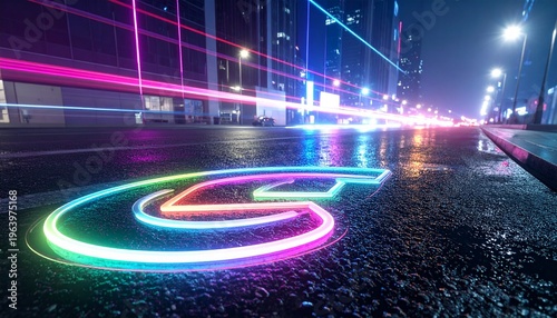 Neon outline symbol glowing on a wet asphalt surface at night