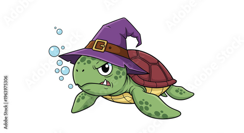 Grumpy green sea turtle character wearing a purple witch hat and blowing bubbles while swimming on a white background.