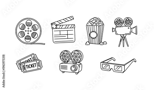 Cinema Outline Doodle Vector Icon Set – Hand-Drawn Movie and Film Illustration
