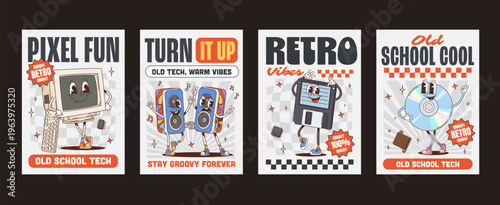 Funky groovy hippie computer and device characters posters. Vibrant vector posters featuring dancing and smiling tech mascots. Computer, speakers, floppy disk, and CD for retro office and party decor