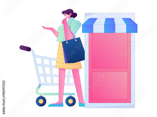 Holiday shopping people doing e-commerce online shopping flat vector concept operation hand drawn illustration
