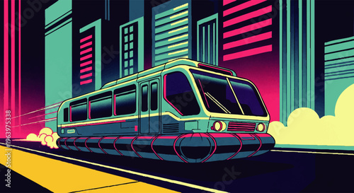 Futuristic hover bus gliding through a vibrant, neon-lit cityscape at dusk, showcasing advanced public transportation in a retro-futuristic metropolis